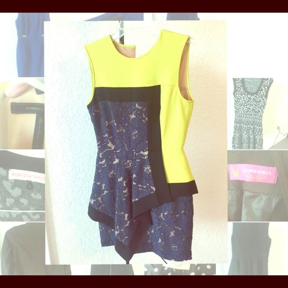 BCBGMaxAzria Neon Yellow and Navy Lace Asymmetrical Midi Dress